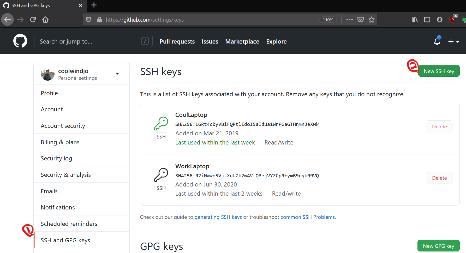 Add the SSH key to your GitHub account 2